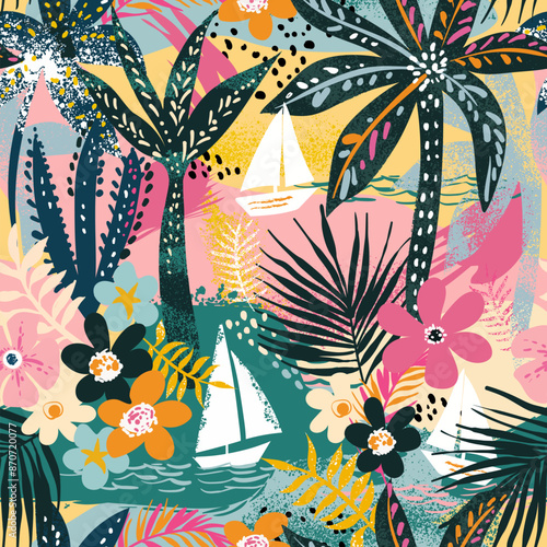 Tropical brightly coloured pattern. Yachts, azure coastline, tropical flowers and palm trees. Hawaiian pattern for surfaces, textiles. Vector print, flat pattern. Vibrant color. 