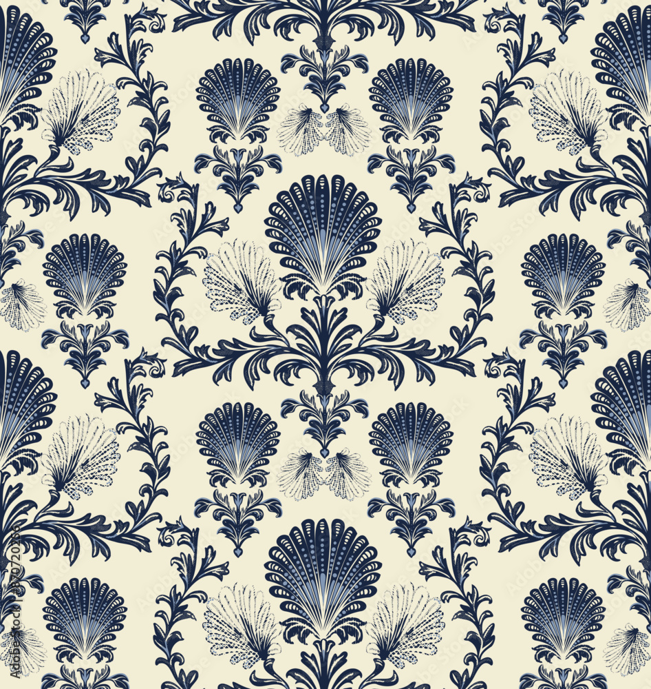 Sea shells and seaweed. Vector seamless pattern. Print for textiles, wallpaper, printing and any surfaces. Sea shells and seaweed. Vector seamless pattern. Print for textiles, wallpaper, printing and any surfaces.