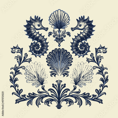 Luxury vector print, flat pattern. Seahorses, shells and seaweed. Decorative style. 