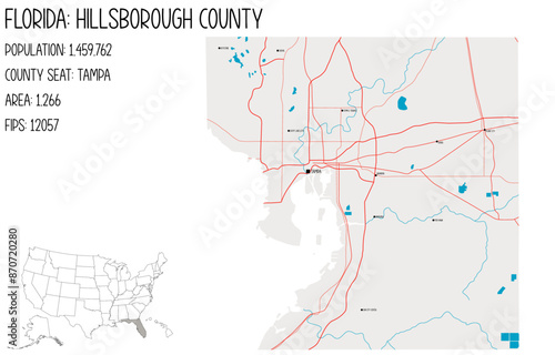Large and detailed map of Hillsborough County in Florida, USA.