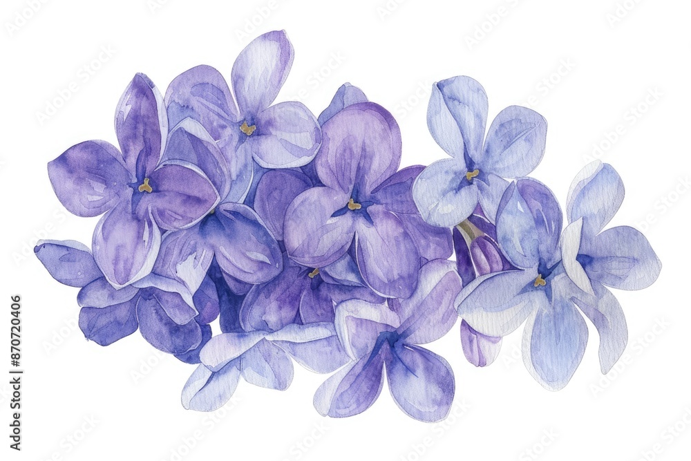 Artistic watercolor depiction of a cluster of purple lilacs, set against a simple white background with generous copyspace, Artistic watercolor depiction of a cluster of purple lilacs, set against a simple white background with generous copyspace,