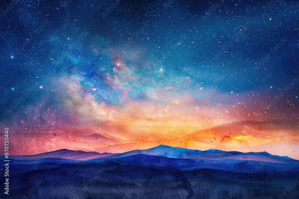 Fototapeta premium Beautiful starry night sky over a colorful, vibrant landscape with mountains. Perfect for backgrounds and nature-themed projects.