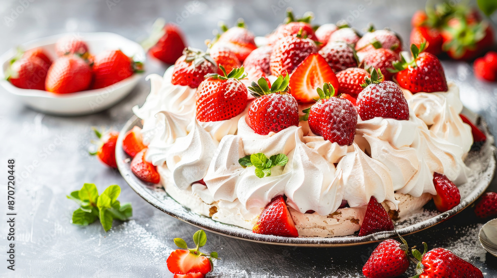 A tasty strawberry meringue cake with cream and strawberries on a grey background A tasty strawberry meringue cake with cream and strawberries on a grey background