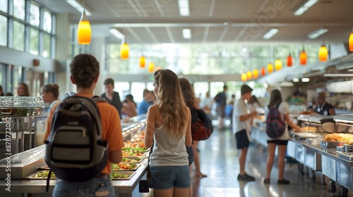 school cafeteria bustling with students enjoying nutritious meals and socializing with friends