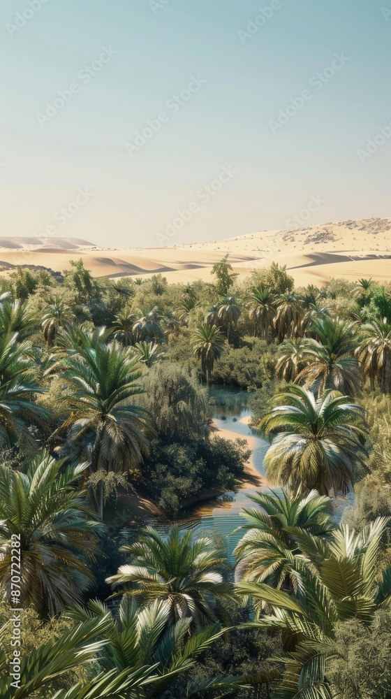 Desert oasis with palm trees and small water body, bright sunny day. Nature and travel concept Desert oasis with palm trees and small water body, bright sunny day. Nature and travel concept
