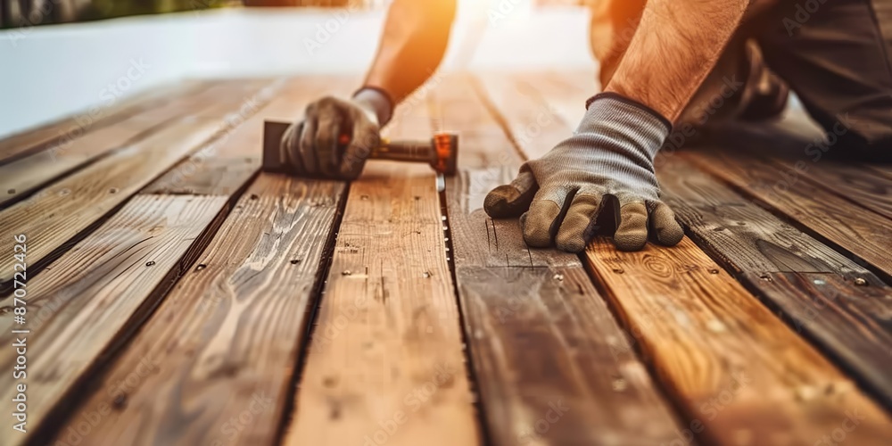Carpenter building a wooden deck in a backyard, with power tools and raw materials, illustrating outdoor construction Carpenter building a wooden deck in a backyard, with power tools and raw materials, illustrating outdoor construction
