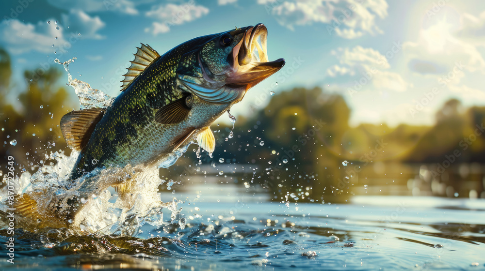 an adventurous bass fish jumping out of the water on a sunny day an adventurous bass fish jumping out of the water on a sunny day