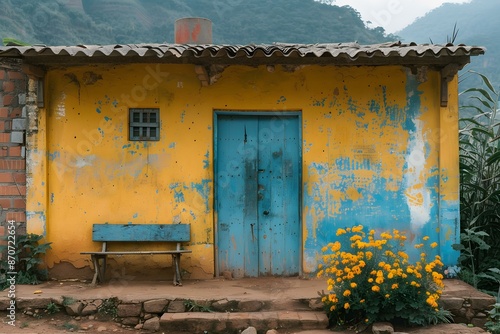 Yellow House with Blue Door and Bench