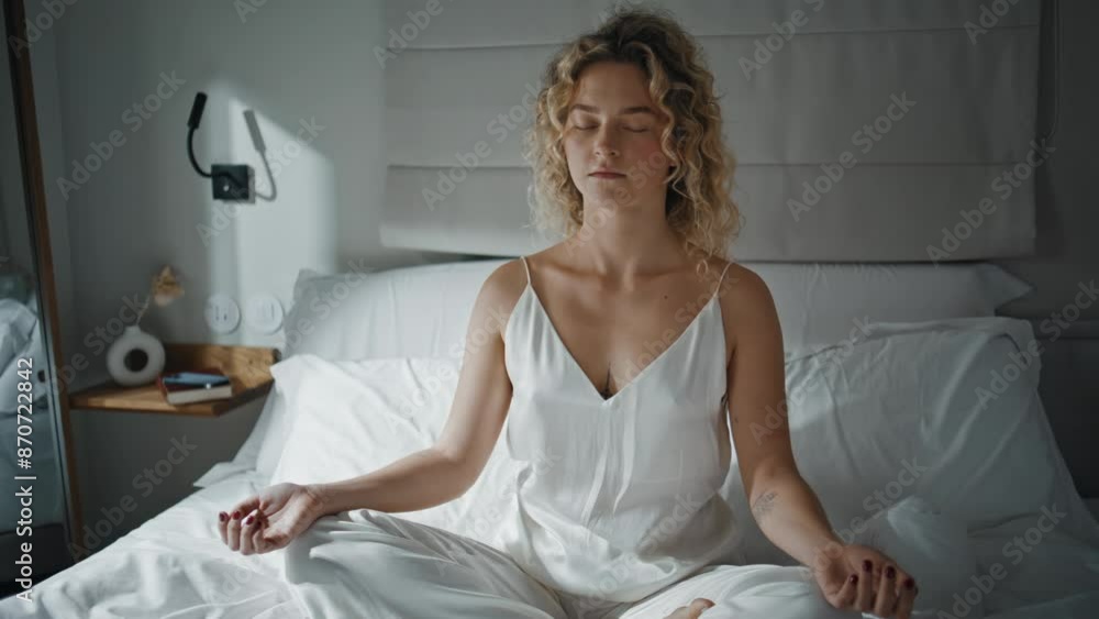 Woman yogi practicing home in serene morning. Closeup girl with closed eyes Woman yogi practicing home in serene morning. Closeup girl with closed eyes