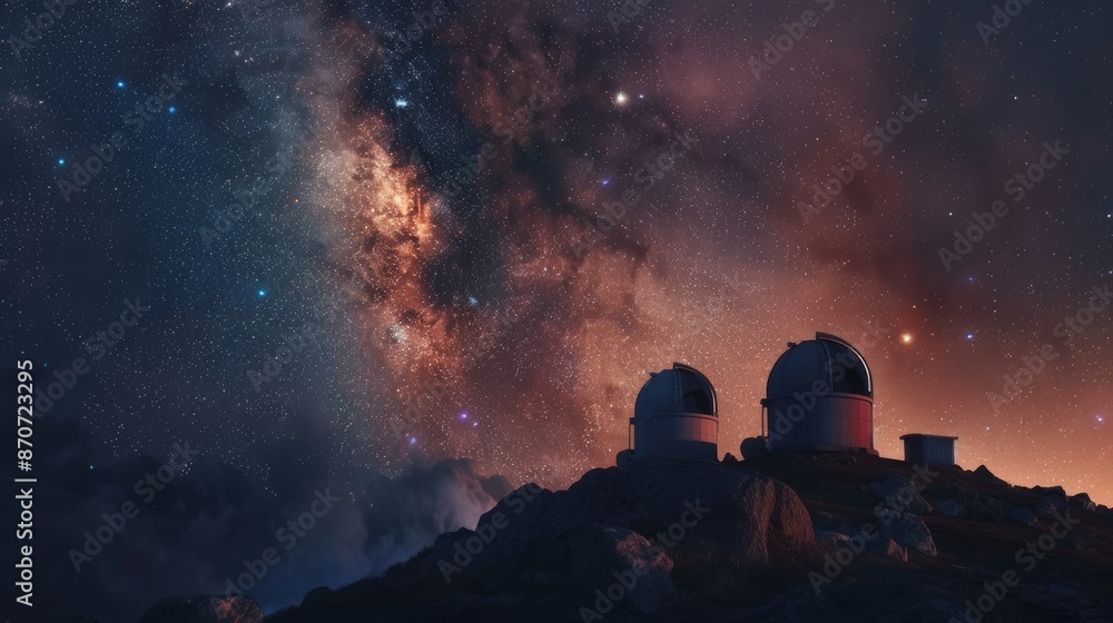 Astronomical observatories under the milky way galaxy, night sky. Astronomy and stargazing concept Astronomical observatories under the milky way galaxy, night sky. Astronomy and stargazing concept