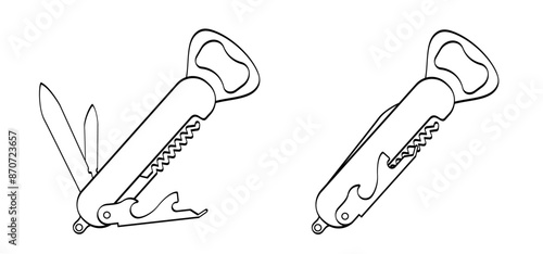 Waiters knife or sommelier, jackknife. Pen knife icon. Clasp knife sign. Corkscrew or bottle screw, knifes, saw and screwdriver. Pocketknife tool. Uncork, bottle opener. Kitchen, bar or restaurant.