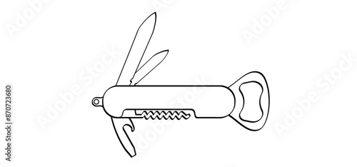Waiters knife or sommelier, jackknife. Pen knife icon. Clasp knife sign. Corkscrew or bottle screw, knifes, saw and screwdriver. Pocketknife tool. Uncork, bottle opener. Kitchen, bar or restaurant.