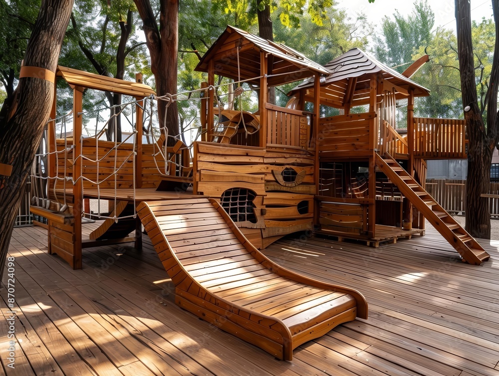 Fototapeta premium Carpenter constructing a wooden playhouse, with whimsical designs and childfriendly features, representing creative outdoor projects
