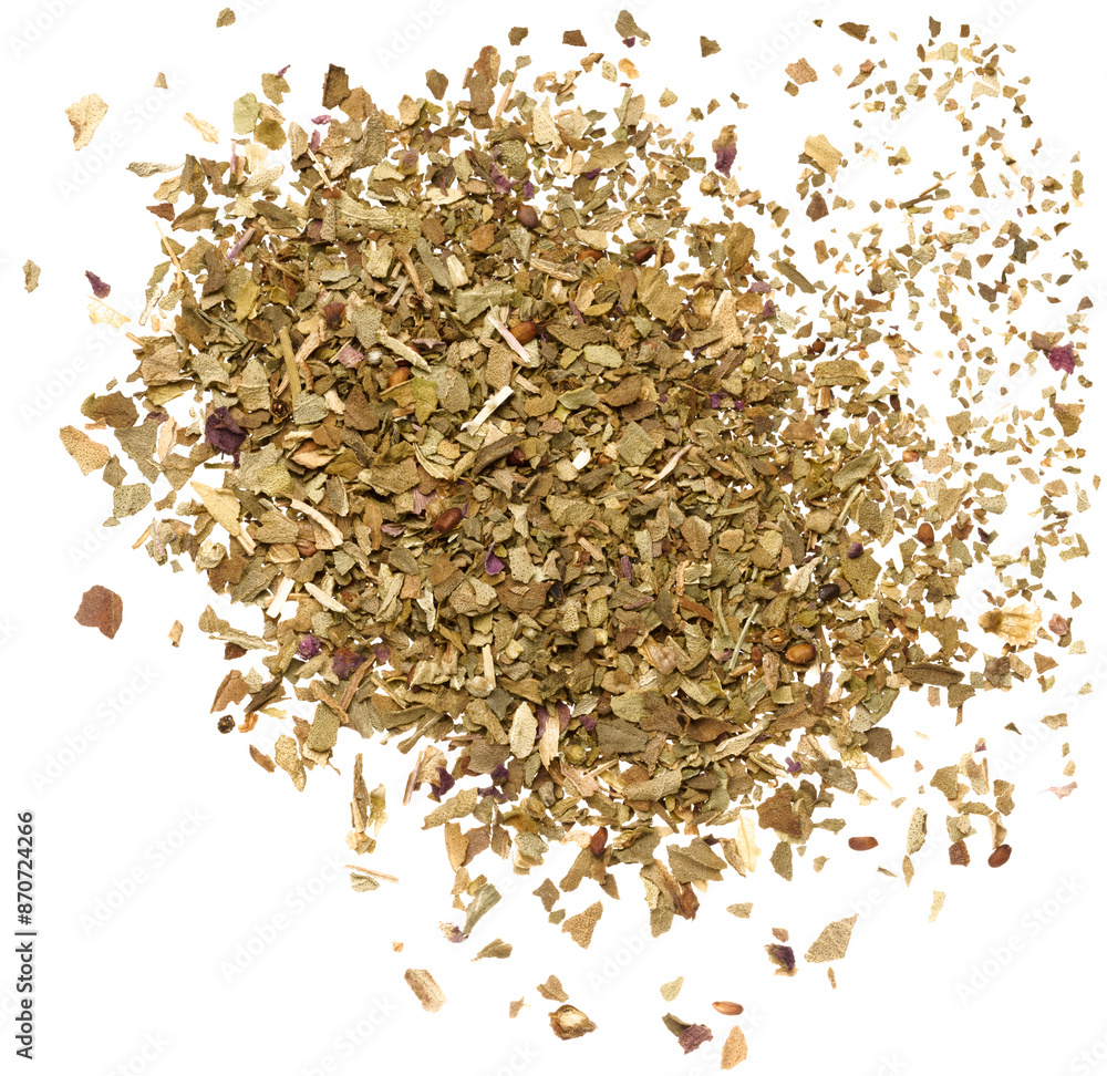 Crushed dry basil leaves on isolated background Crushed dry basil leaves on isolated background