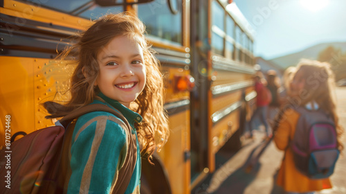 Joyful Girl Boarding School Bus