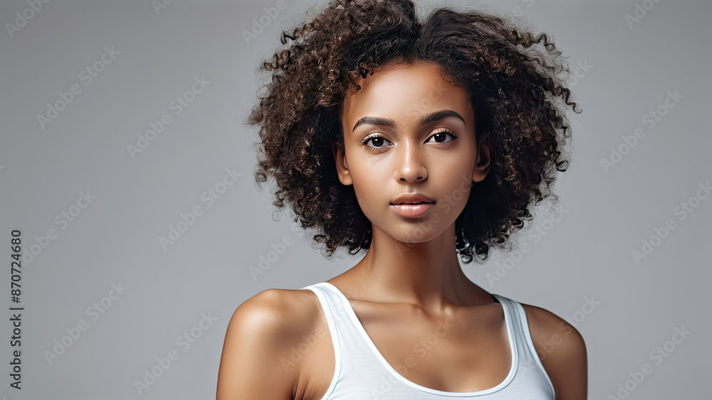 A portrait of a young woman with curly hair and natural makeup, wearing a white tank top. She looks confidently at the camera, with a neutral gray background enhancing her features. A portrait of a young woman with curly hair and natural makeup, wearing a white tank top. She looks confidently at the camera, with a neutral gray background enhancing her features.