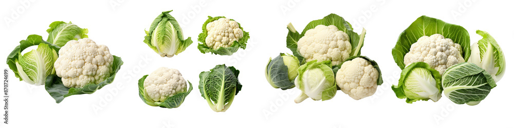 Collection of organic natural full cauliflowers, cabbage and romaine lettuce vegetables isolated on transparent or white background Collection of organic natural full cauliflowers, cabbage and romaine lettuce vegetables isolated on transparent or white background