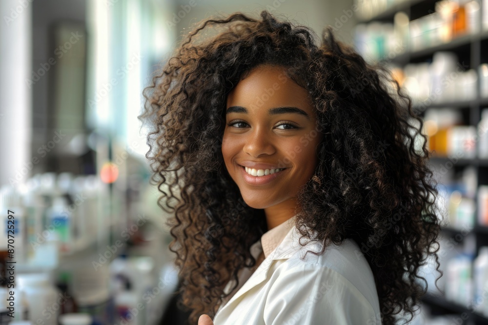 Smiling African American pharmacist with curly hair in pharmacy. Smiling African American pharmacist with curly hair in pharmacy.