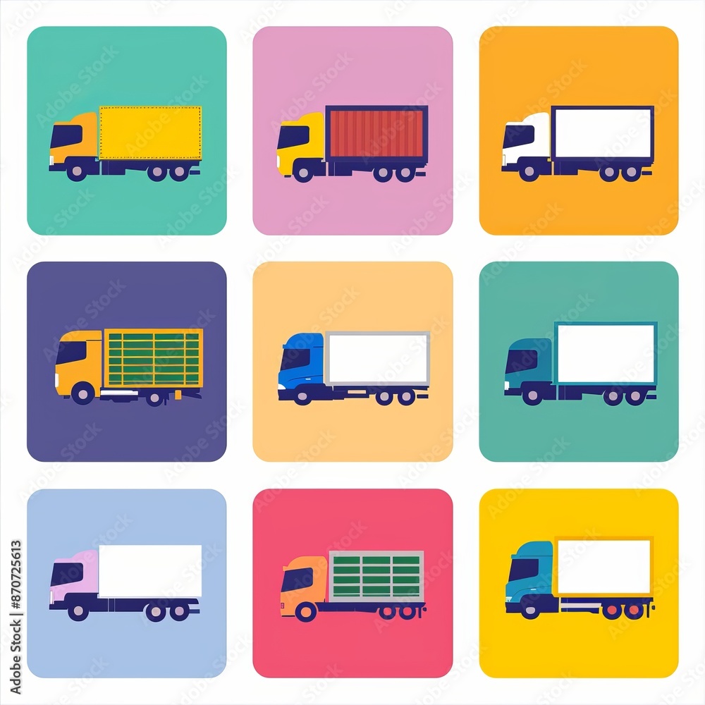 Colorful Flat Design Truck Icons in Various Styles and Backgrounds for Transportation and Delivery Themes Colorful Flat Design Truck Icons in Various Styles and Backgrounds for Transportation and Delivery Themes