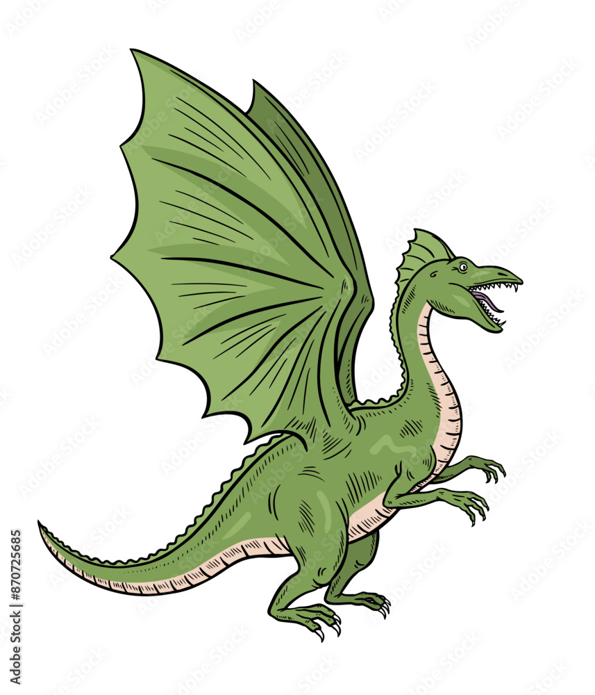 Obraz premium Scary green dragon with wings. Fairytale character. Fantastic mythical animal reptile. Cartoon vector art illustration isolated on white background. Drawing line