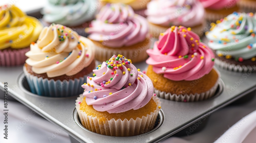 colorful cupcakes with pastel frosting and sprinkles in paper cups colorful cupcakes with pastel frosting and sprinkles in paper cups