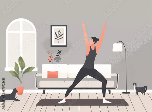 Young man doing yoga in the living room of his flat in a vector illustration style with a white background, depicting a concept of home and fitness © munja02