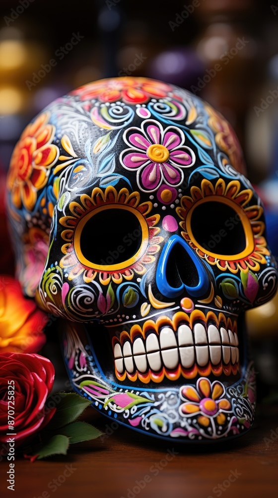 Fototapeta premium a skull is covered in colorful flowers and leaves. 