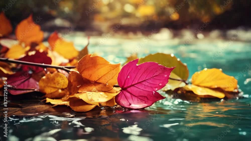Slow motion colored autumn leaves and water flowing Slow motion colored autumn leaves and water flowing