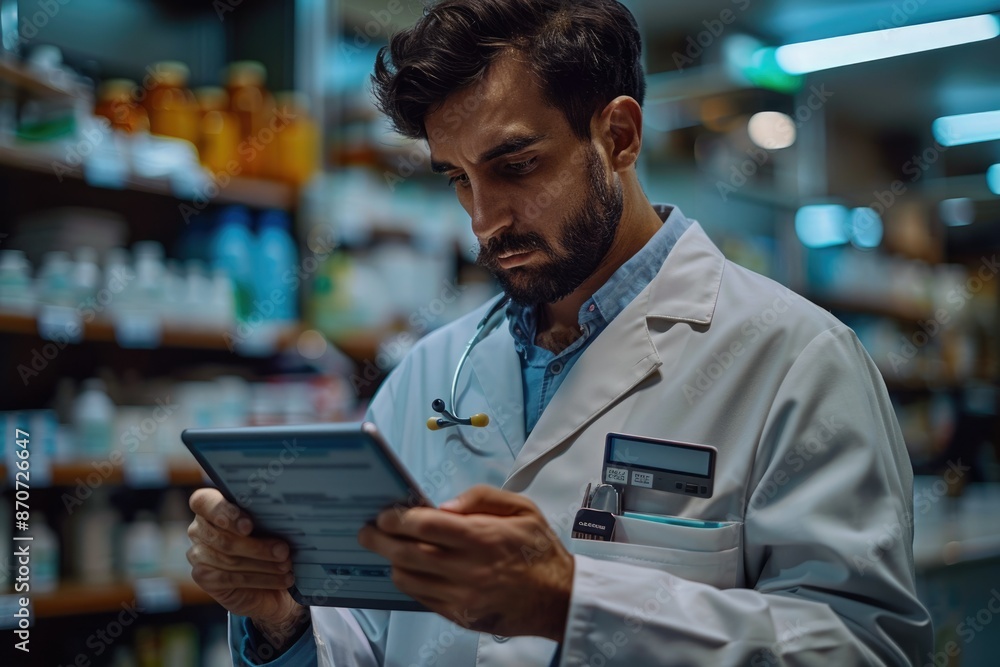 A serious male pharmacist doing a medical inventory and using a digital tablet. A serious male pharmacist doing a medical inventory and using a digital tablet.