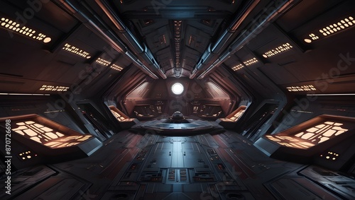 Moody metallic interior of a Star Destroyer with sleek angular architecture highlighting the power of the Galactic Empire.