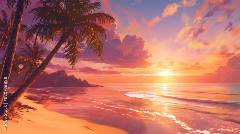 Sunset Over Tropical Beach with Palm Trees and Serenity Waves at Golden Hour Sunset Over Tropical Beach with Palm Trees and Serenity Waves at Golden Hour