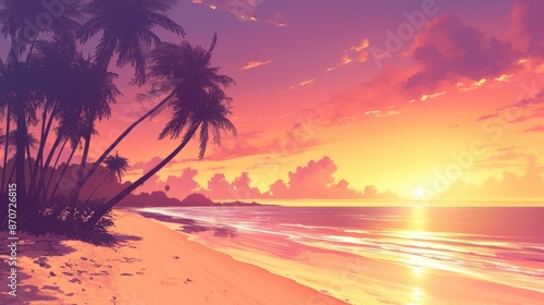 Tropical Beach at Sunset with Palm Trees and Vibrant Sky Reflections