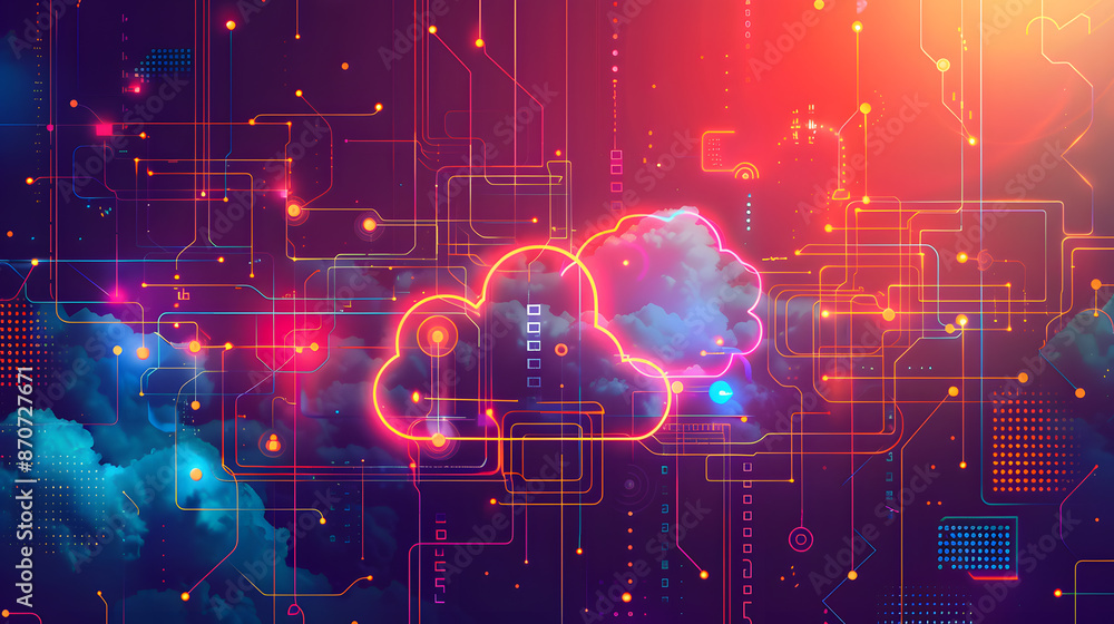 Digital cloud technology with neon lights and futuristic circuits Digital cloud technology with neon lights and futuristic circuits
