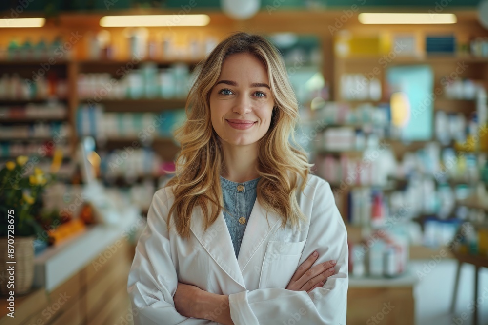 Fototapeta premium Cheerful pharmacist chemist woman standing in pharmacy drugstore