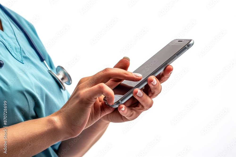 Close up of a nurse hand using a smart phone isolated on a white background Close up of a nurse hand using a smart phone isolated on a white background
