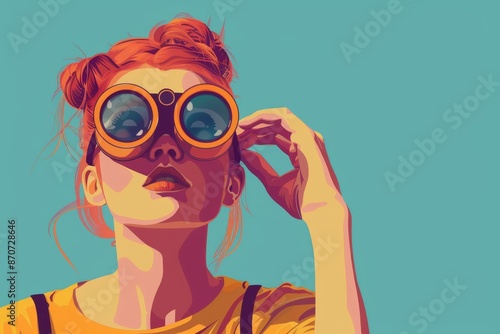 Young hipster woman with binoculars, edgy minimalist style illustration © WaxWing_Ai