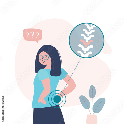 Unhappy girl has low back pain and sciatica from a herniated disc. Medical diagrams about trapped nerves make patients chronic pain in the back and paralysis.