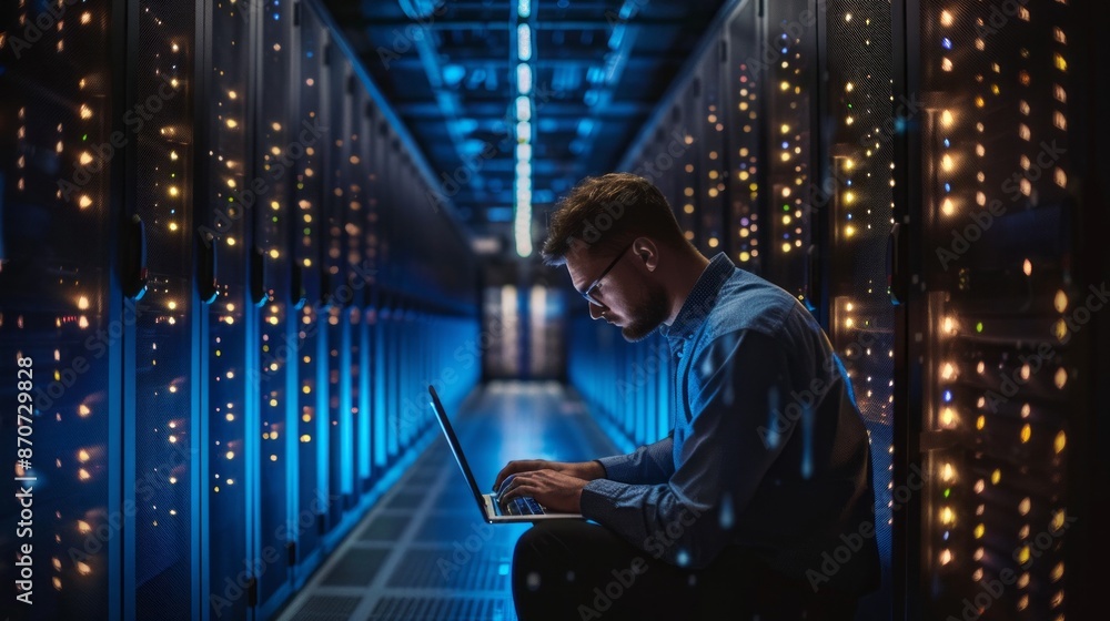 A server engineer is working on a laptop in a data center. The room is lit with blue light from the servers, and the technician is hunched over the keyboard, focused on his work