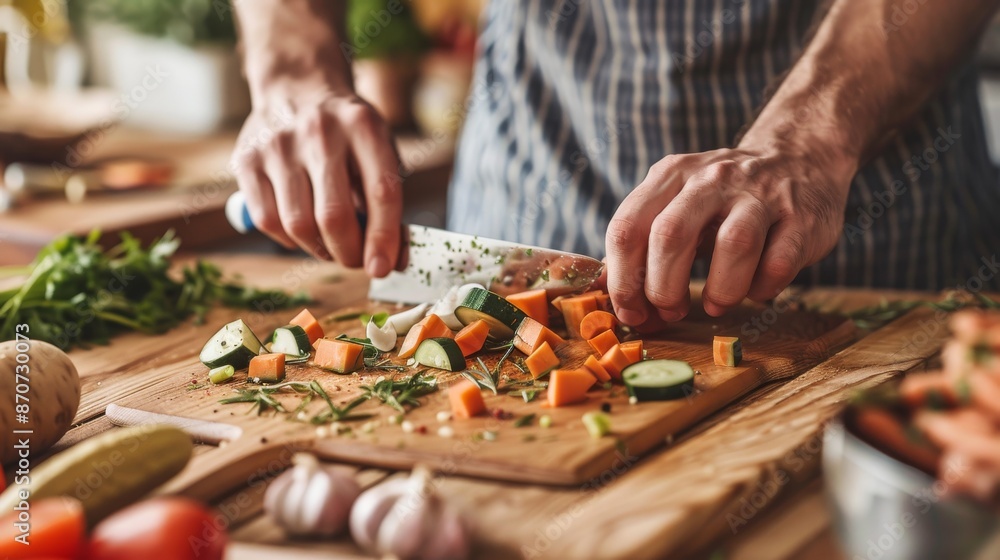 Chef Slicing Vegetables on a Wooden Cutting Board in a Rustic Kitchen Setting Chef Slicing Vegetables on a Wooden Cutting Board in a Rustic Kitchen Setting
