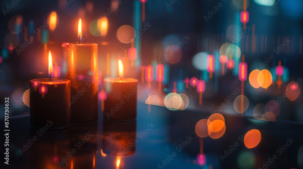 Lit candles, dark room, colorful lights Lit candles, dark room, colorful lights