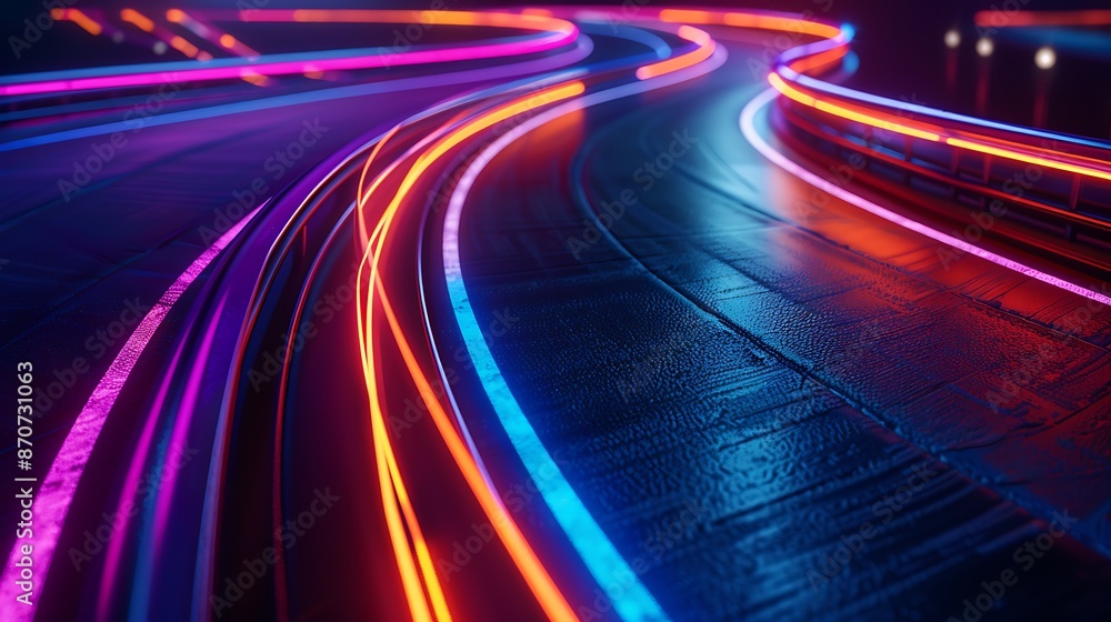 Abstract Neon Lights on a Curved Road