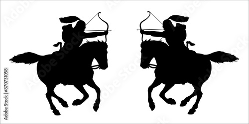 Black vector silhouette of scythian mounted archer. Historical illustration. Ancient warrior.