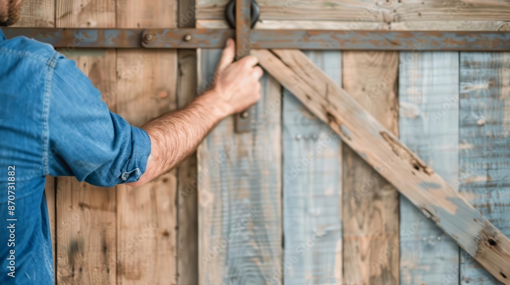 Carpenter working on a wooden barn door, with sliding hardware and rustic appeal, illustrating functional design