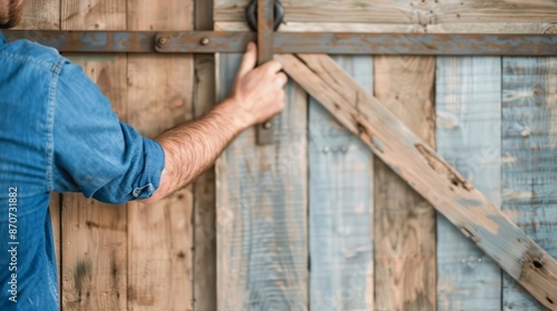 Obraz na płótnie Carpenter working on a wooden barn door, with sliding hardware and rustic appeal, illustrating functional design w salonie