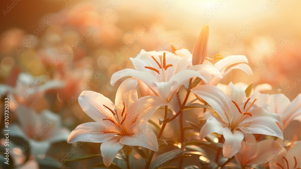 Fototapeta premium Beautiful white lilies blooming in a sunlit garden, with soft light creating a warm and serene atmosphere.