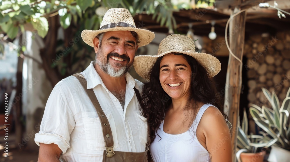 Obraz premium Smiling Couple Wearing Straw Hats on a Sunny Day at a Rustic Farm