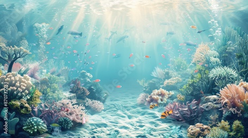 Serene Underwater Coral Reef Landscape with Sunlight Beams © Rade Kolbas