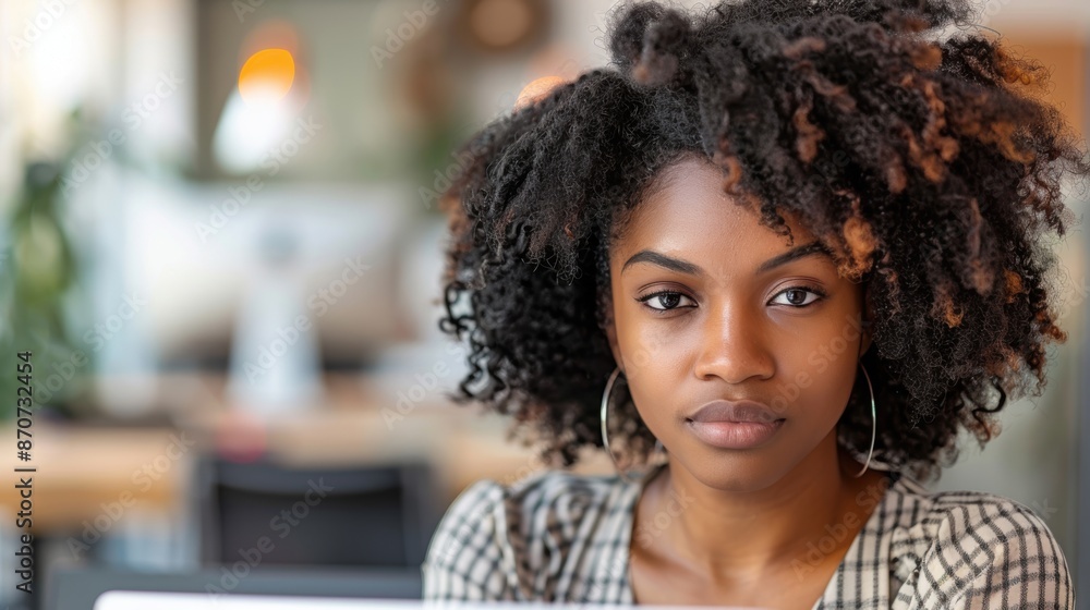 A confident woman with curly hair in a modern office setting, focusing on the camera with a determined expression. A confident woman with curly hair in a modern office setting, focusing on the camera with a determined expression.