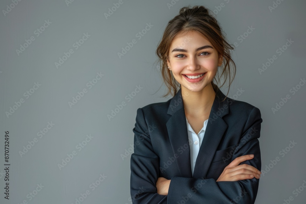 Young professional woman in suit smiling with arms crossed. Young professional woman in suit smiling with arms crossed.