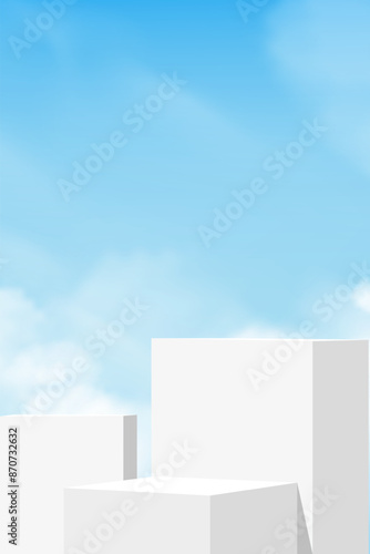 Sky blue,Cloud background, 3d White Podium step display mockup for cosmetic product present,Vector minimal backdrop scene grey Platform,Vertical Design banner for Spring,Summer background